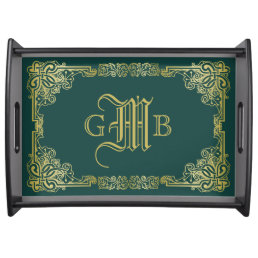 Wedding Monogram Classic Gold Frame Dark Green Serving Tray