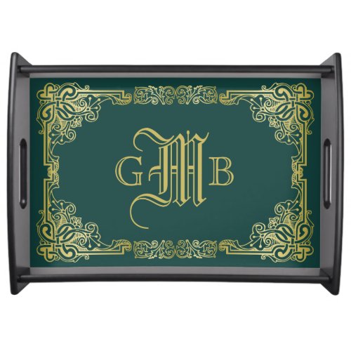 Wedding Monogram Classic Gold Frame Dark Green Serving Tray