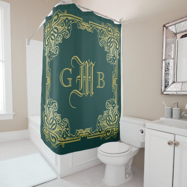 Wedding Monogram Classic Gold Frame Dark Green Shower Curtain (In Situ)