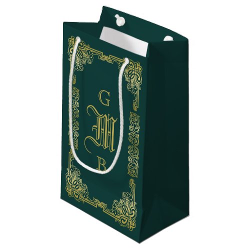 Wedding Monogram Classic Gold Frame Dark Green Small Gift Bag