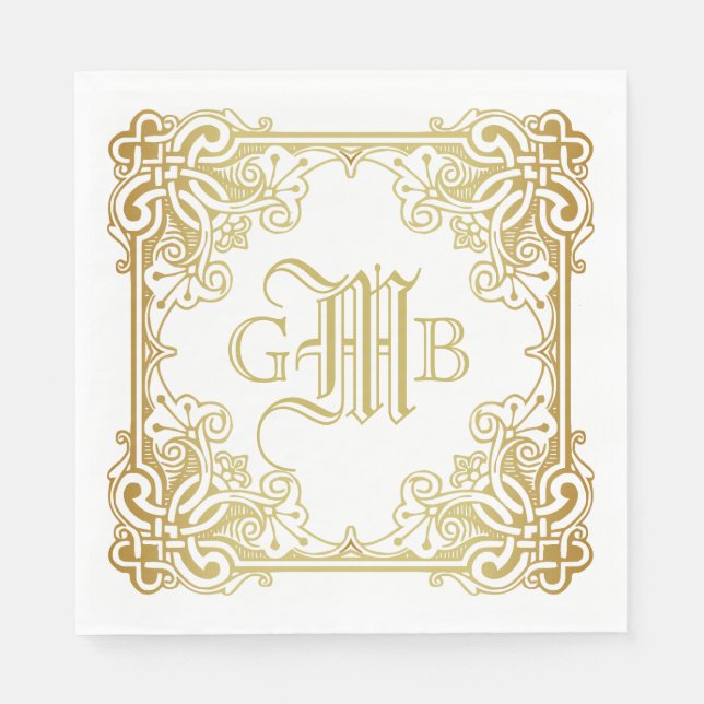 Wedding Monogram Classic Gold Frame Traditional Napkins (Front)