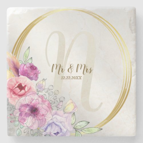 Wedding Monogram Colorful Pink Floral Golden Frame Stone Coaster