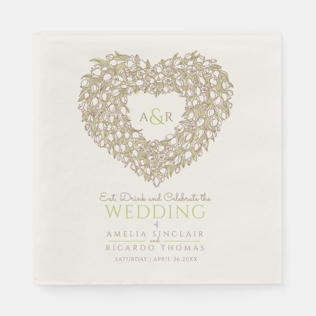 Wedding monogram cream tulip wreath ink drawing napkins (Front)