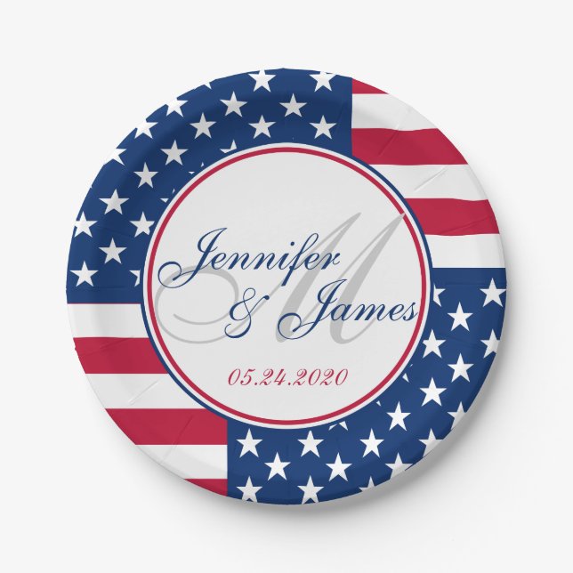 Wedding Monogram Custom USA American Flag Paper Plates (Front)