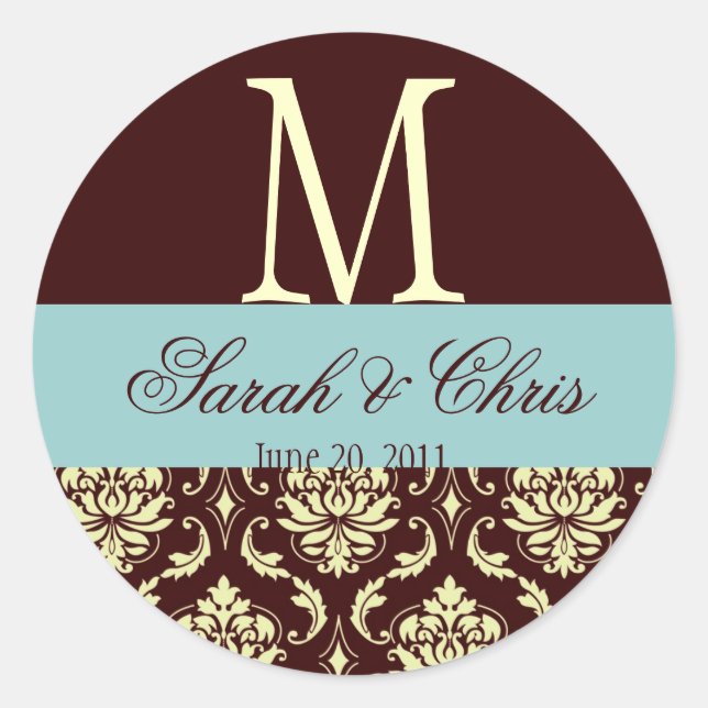 Wedding Monogram Damask Brown Blue Ivory Seal (Front)
