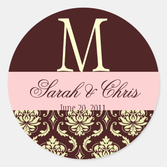 Wedding Monogram Damask Brown Pink Ivory Seal (Front)