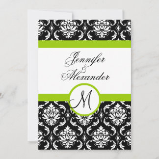 Wedding Monogram Damask Green Invitation Front