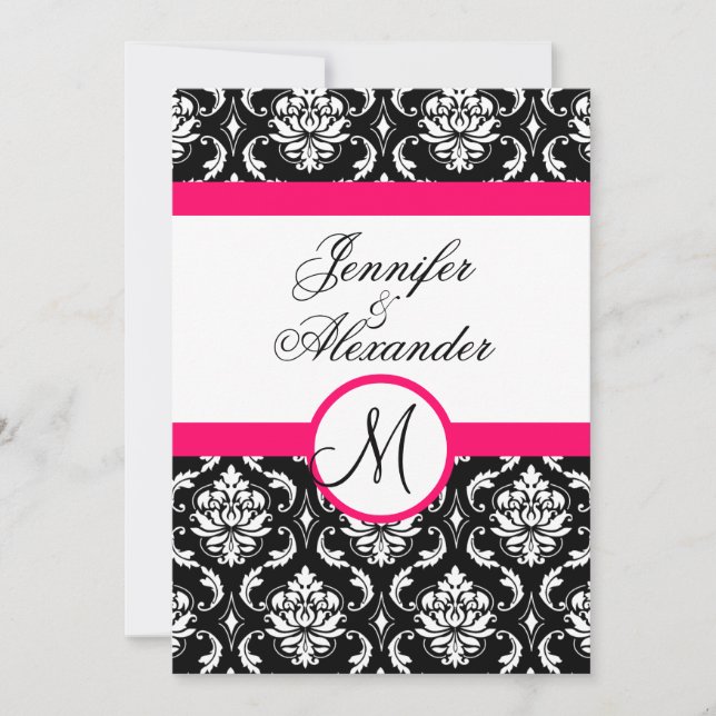 Wedding Monogram Damask Hot Pink Invitation back (Front)