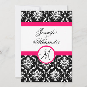Wedding Monogram Damask Hot Pink Invitation Front