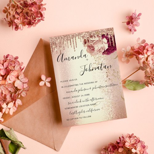 Wedding Monogram Drips Florals Marsala Rose Burgun Invitation
