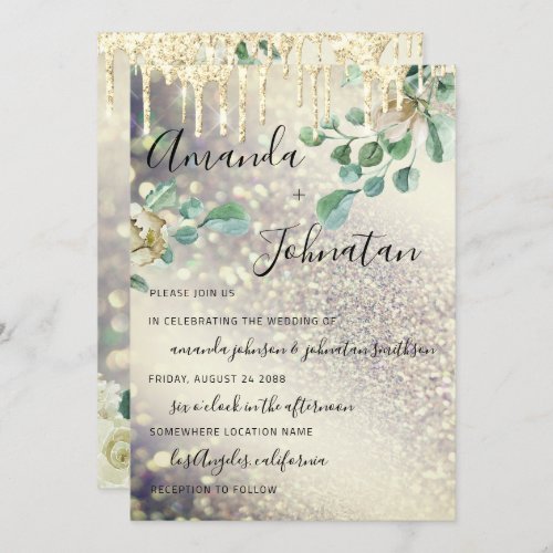 Wedding Monogram Drips Florals Mint Glitter Gold Invitation