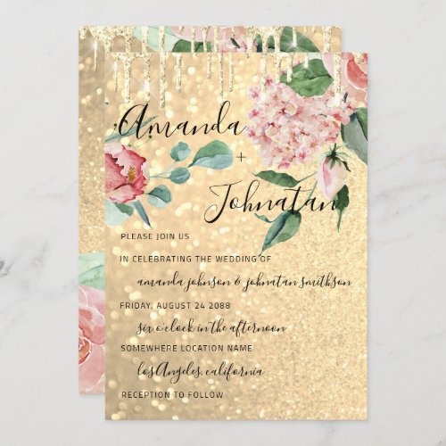 Wedding Monogram Drips Florals Mint Glitter Gold Invitation