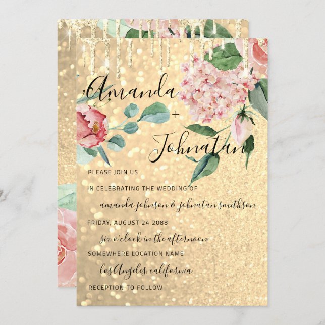 Wedding Monogram Drips Florals Mint Glitter Gold Invitation (Front/Back)