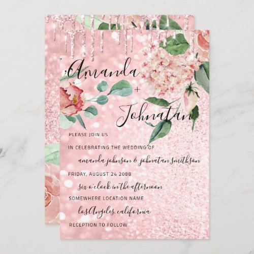 Wedding Monogram Drips Florals Mint Glitter Pink Invitation