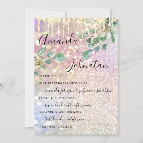 Wedding Monogram Drips Florals Mint Glitter Rose Invitation