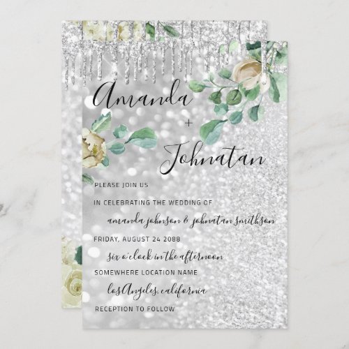 Wedding Monogram Drips Florals Mint Glitter Silver Invitation