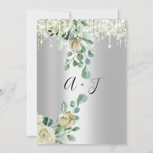 Wedding Monogram Drips Florals Mint Green Silver Invitation