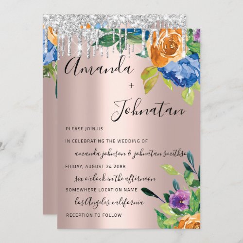 Wedding Monogram Drips Florals Navy Rose Invitation