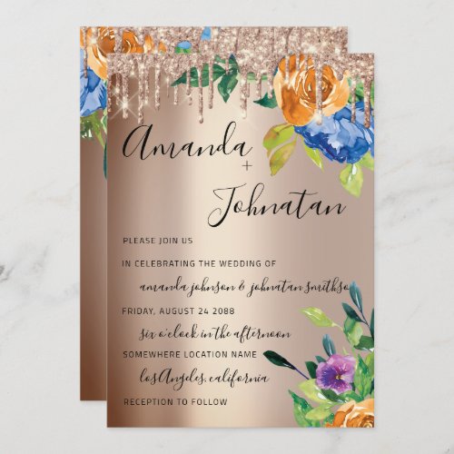 Wedding Monogram Drips Florals Navy Rose Invitation