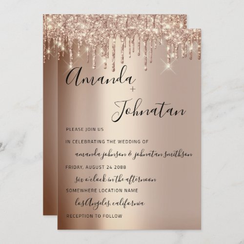 Wedding Monogram Drips Sparkly Glitter Rose Gold Invitation