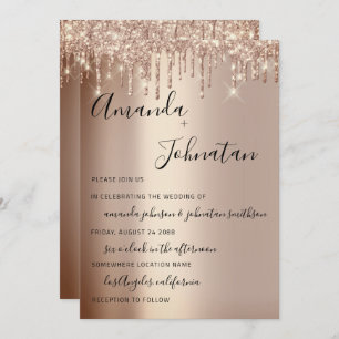 Wedding Monogram Drips Sparkly Glitter Rose Gold Invitation