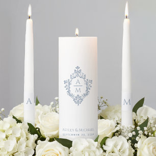 Wedding Monogram Dusty Blue Elegant Vintage Crest  Unity Candle Set