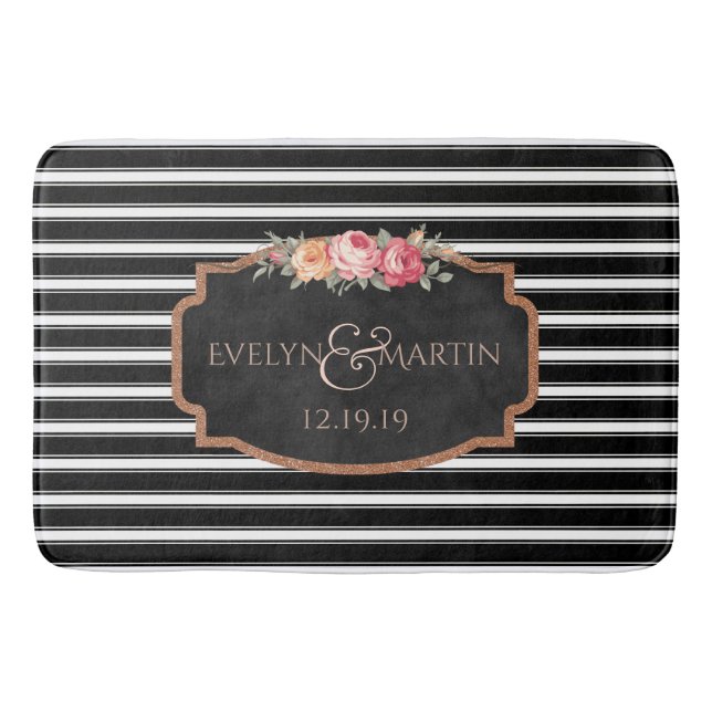 Wedding Monogram | Elegant Black Stripe Bath Decor Bathroom Mat (Front)