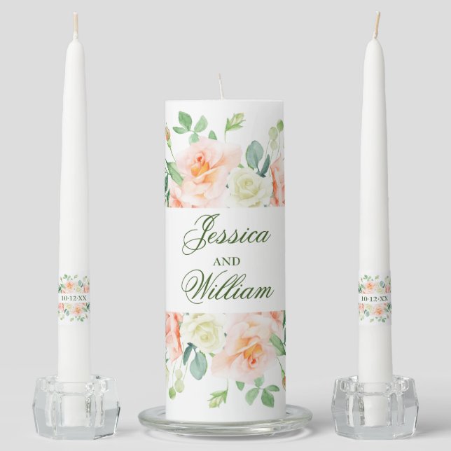 Wedding Monogram Elegant Blush Roses Unity Candle Set (Front)