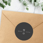 Wedding Monogram Elegant Minimal Stylish Black Classic Round Sticker<br><div class="desc">A minimalist monogram wedding design with elegant typography in white on a black background. The text can easily be personalized for your special day!</div>