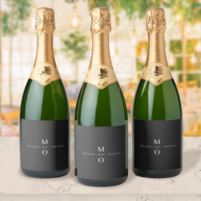 Wedding Monogram Elegant Minimal Stylish Black Sparkling Wine Label (Creator Uploaded)