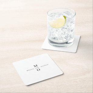 Wedding Monogram Elegant Minimalist Simple White Square Paper Coaster
