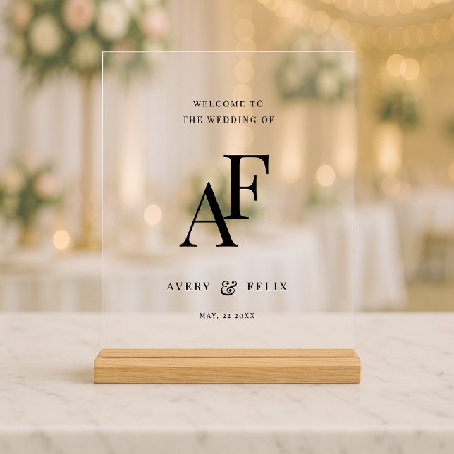 Wedding Monogram Elegant Minimalist Welcome Acrylic Sign (Elegant black & white editable acrylic tabletop monogram wedding sign.)