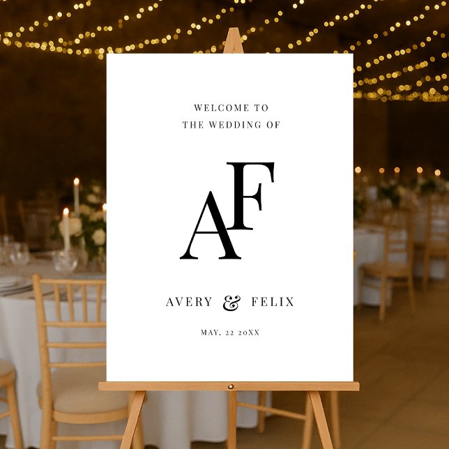 Wedding Monogram Elegant Minimalist Welcome Acrylic Sign (Elegant black & white editable  monogram wedding welcome acrylic easel sign.)