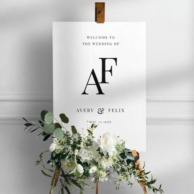 Wedding Monogram Elegant Minimalist Welcome Foam Board (Elegant black & white editable monogram wedding welcome easel sign.)