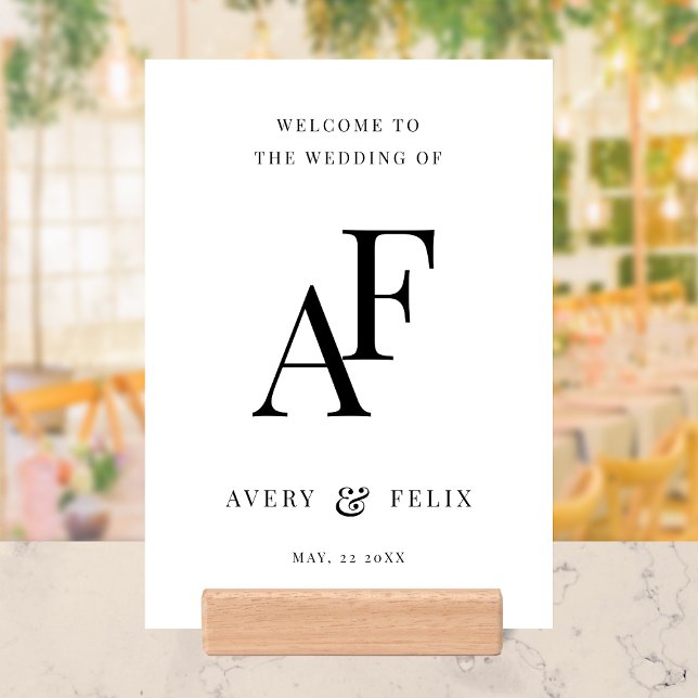 Wedding Monogram Elegant Minimalist Welcome Holder (Elegant black & white editable  monogram wedding wood block tabletop sign.)