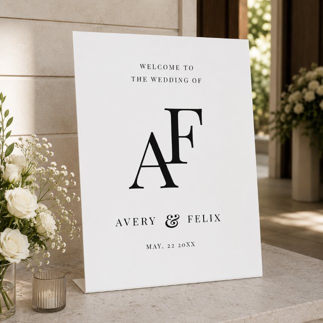 Wedding Monogram Elegant Minimalist Welcome Pedestal Sign (Elegant black & white editable tabletop monogram wedding sign.)