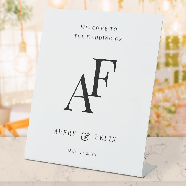 Wedding Monogram Elegant Minimalist Welcome Pedestal Sign (Elegant black & white editable tabletop monogram wedding sign.)