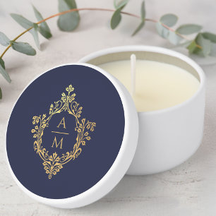 Wedding Monogram Elegant Navy Blue Faux Gold Crest Mini Candle Favors