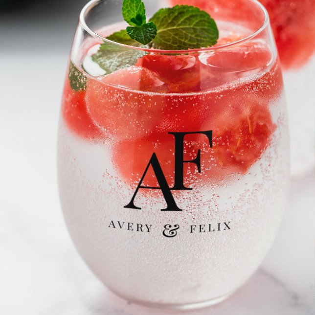 Wedding Monogram Elegant Simple Minimalist Stemless Wine Glass (Creator Uploaded)