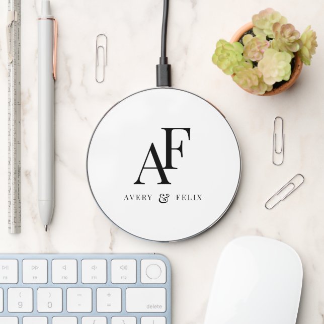 Wedding Monogram Elegant Simple Minimalist Wireless Charger (Desk)