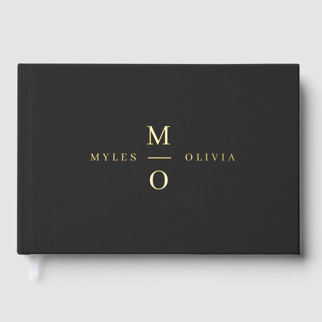 Wedding Monogram Elegant Stylish Black and Gold Foil Guest Book (Front)