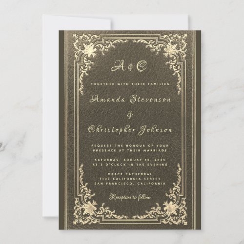 Wedding Monogram Elegant Vintage Gold on Black Invitation
