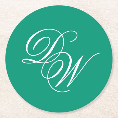 Wedding Monogram Emerald Green Simple Calligraphy Round Paper Coaster