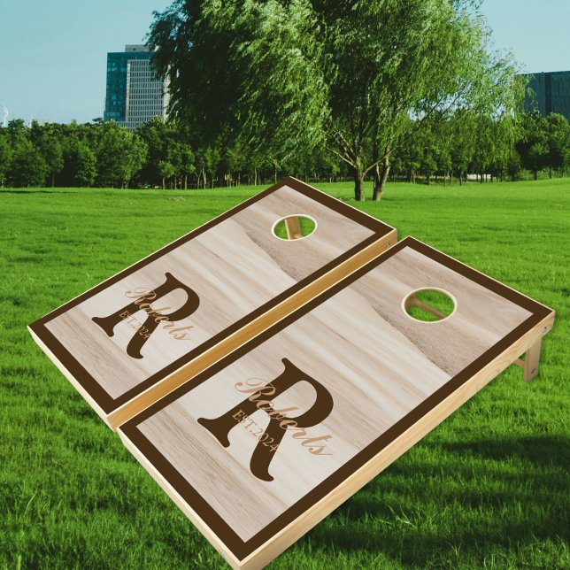 Wedding Monogram Family Name Oak Wood Brown Cornhole Set (Creator Uploaded)