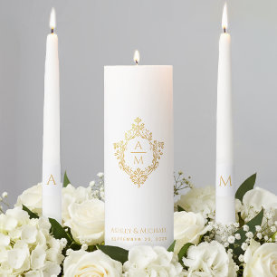 Wedding Monogram Faux Gold Crest Elegant Vintage Unity Candle Set