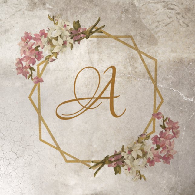 Wedding Monogram Floral Geometric Pink Orchid Gold Floor Decals (Insitu)