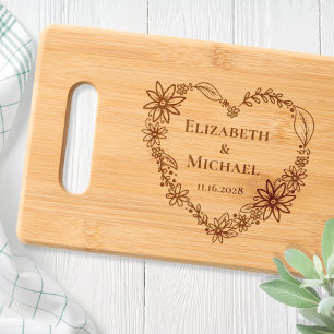 Wedding Monogram Floral Heart Engraved Cutting Board