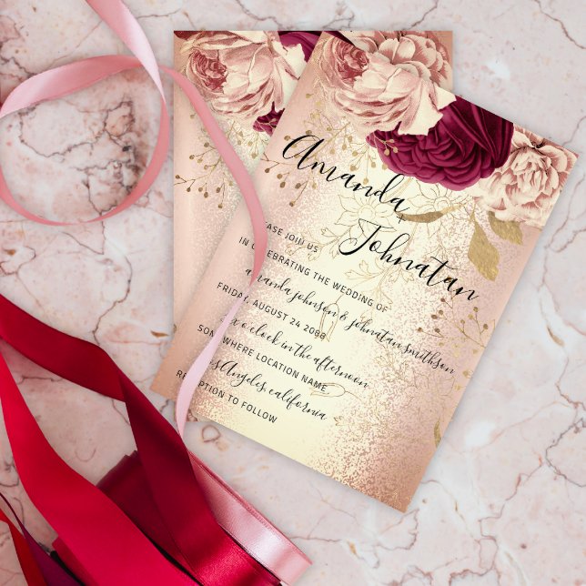 Wedding Monogram Florals BurgundyMarsala Rose Gold Invitation