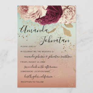 Wedding Monogram Florals BurgundyMarsala Rose Teal Invitation