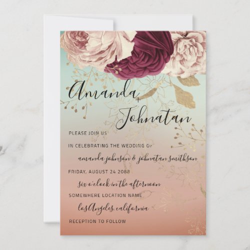 Wedding Monogram Florals BurgundyMarsala Rose Teal Invitation